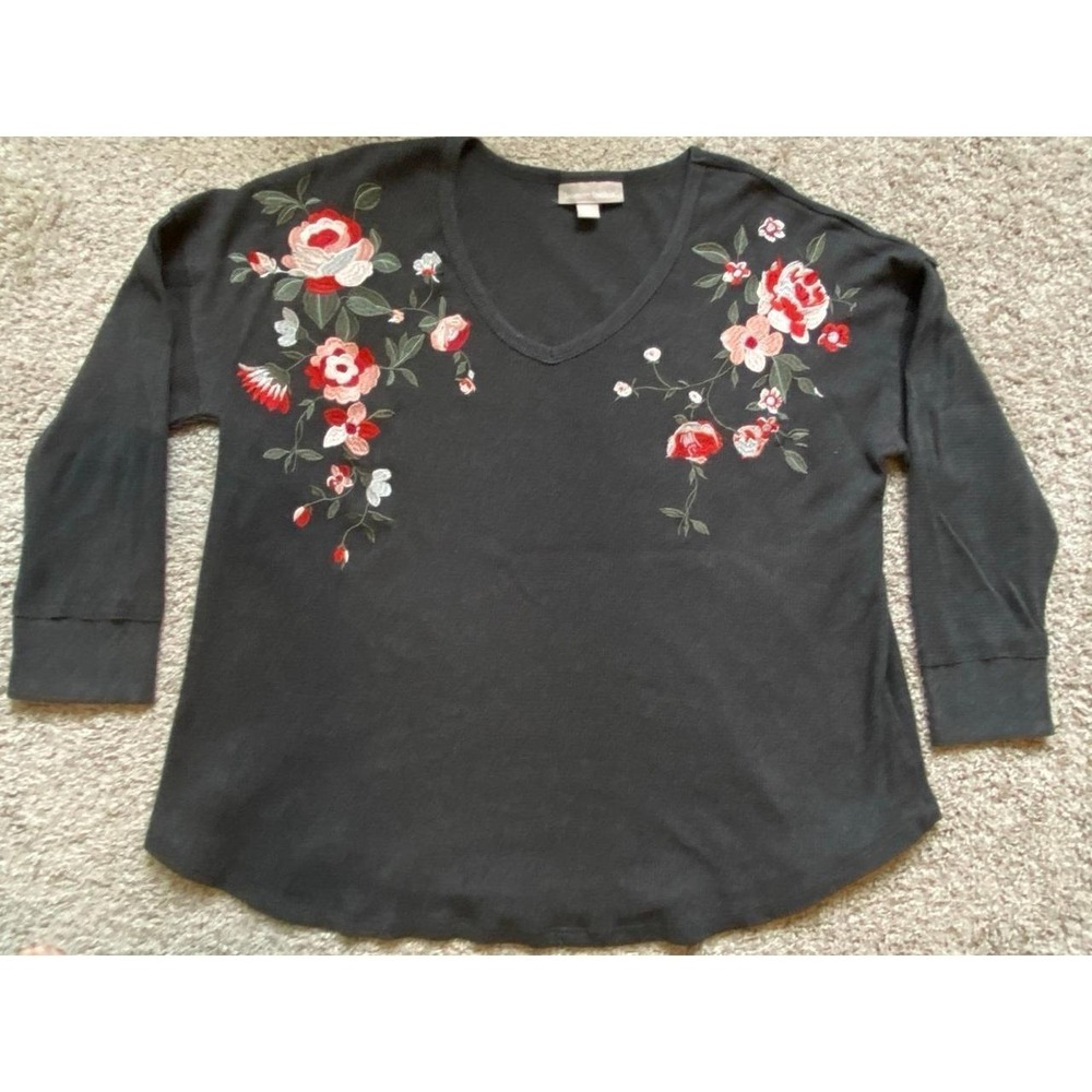 Woman Within Large 18/20 Top Embroidered Thermal V Neck Tee Cotton sku44